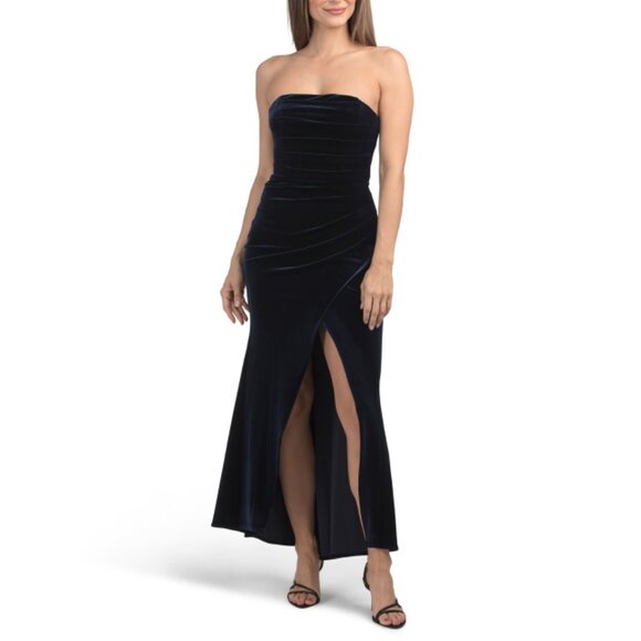 XSCAPE Navy Velvet Bustier Strapless Gown